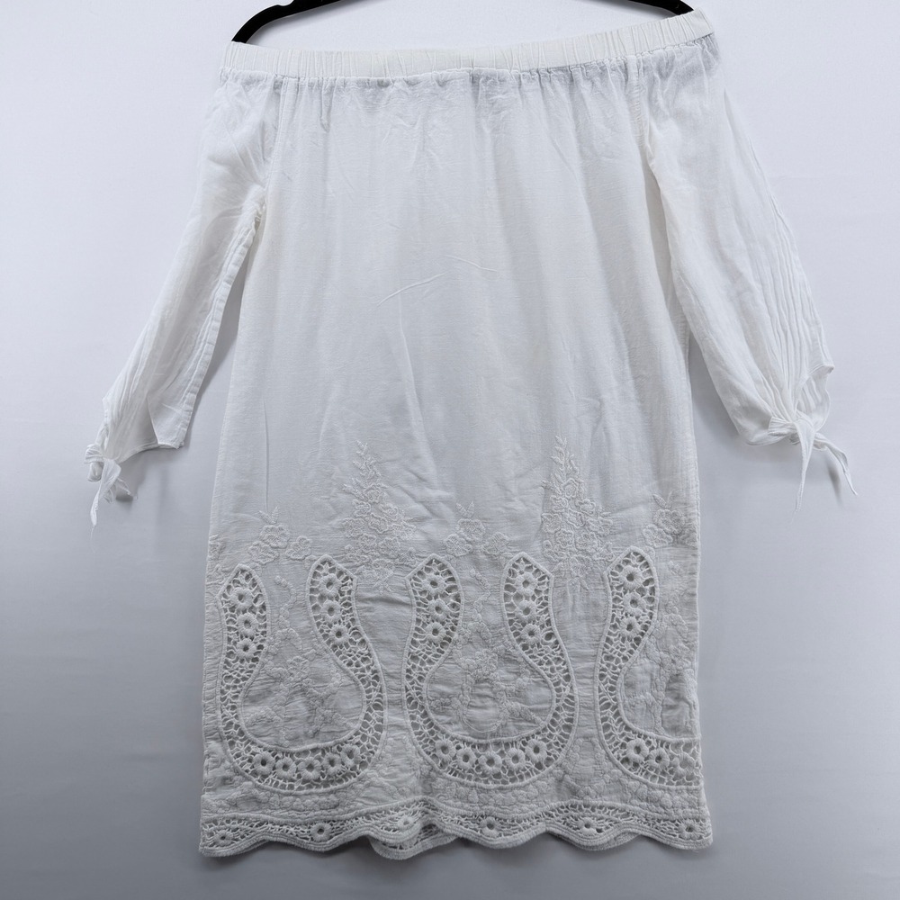 Blue Island White Eyelet‎ Crochet Lace Off Shoulder Tunic Mini Dress Small